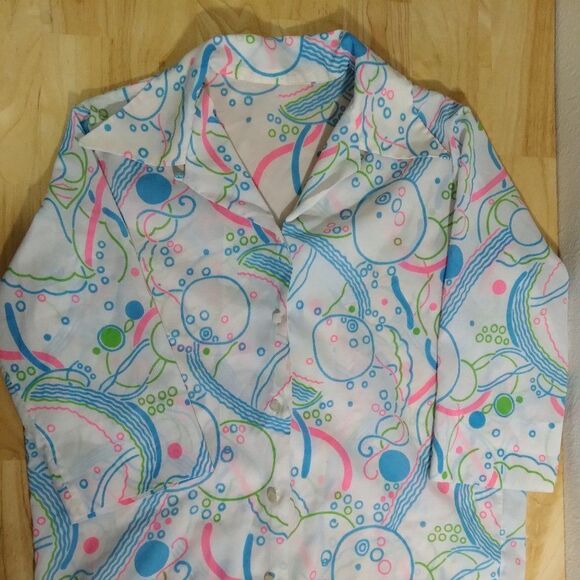 Vintage Neon Abstract Geometric Button Down Disco Shirt - Picture 2 of 6